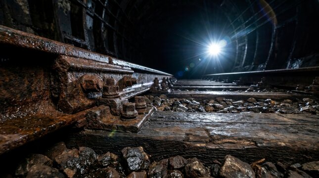 Rusty railway tracks in a dark underground mine tunnel with a bright light in the distance, concept of danger and exploration