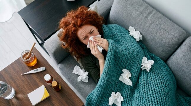 Sick woman with red hair lying on a gray sofa, blowing her nose into a tissue, surrounded by used tissues and cold remedies, concept of illness and recovery