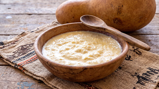 Traditional Angolan Leite Azedo Fermented Colostrum Served in a Rustic Wooden Bowl with Calabash Gourd