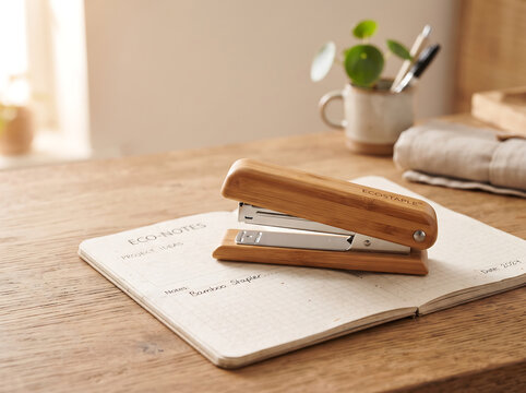 Sustainable Bamboo Stapler Placed on an Open Notebook for Eco-Friendly Office Desk Organization and Minimalist Workspace Inspiration