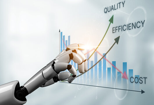 Robotic Hand Reaching for Growth Indicators in Business Metrics of Quality, Efficiency, and Cost on a Digital Background. Bitwise.