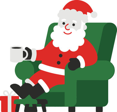 Santa Claus relaxing in green armchair drinking coffee near wrapped gift box.