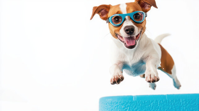 Playful dog wearing blue glasses jumps joyfully, showcasing its energetic spirit and fun personality