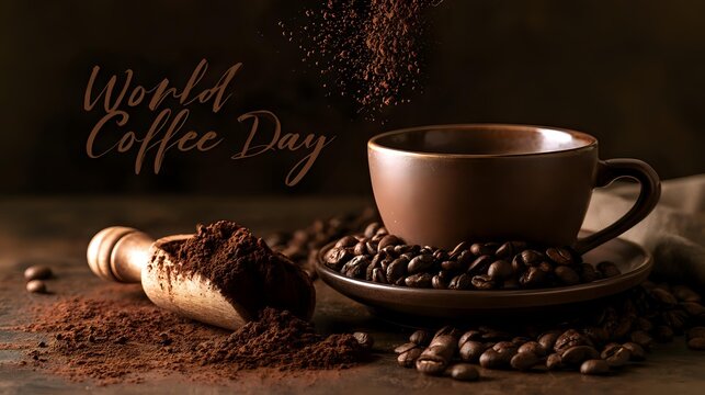 World Coffee Day concept showing coffee powder cascading from wooden scoop beside whole beans and ceramic cup, World Coffee Day text behind, sharp controlled lighting