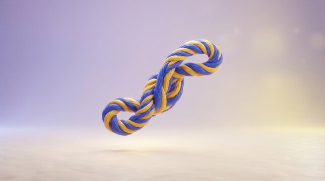 Floating blue and yellow knotted rope in 3D render against sky background