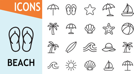 Obraz premium Beach icon set for summer vacation and seaside activities