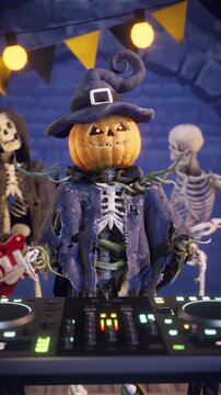 Funny scarecrow DJ with pumpkin head and skeleton body and spooky skeletons dancing at Halloween party, 3D animation