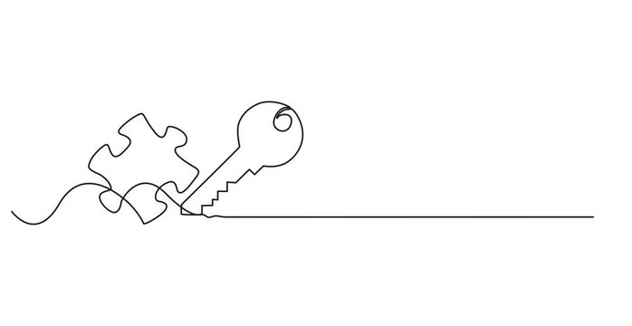 Continuous one line drawing of puzzle, key, solution, business concept, line art, vector, Animated self drawing of key into puzzle piece, Teamwork and partnership solving complicated tasks. 4k video