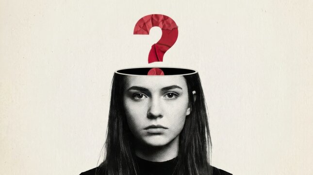 Young woman with an open head revealing a large red question mark, symbolizing confusion, doubt, and the search for answers.