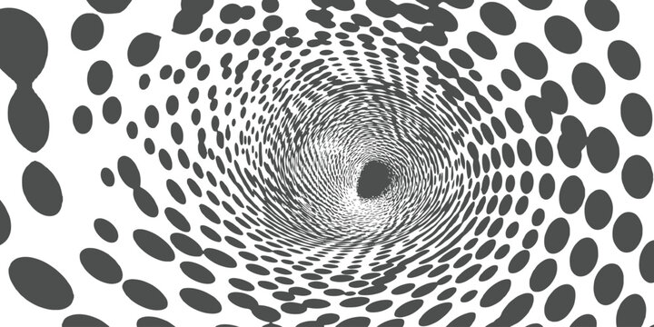 Abstract black and white halftone dot vortex tunnel for dynamic optical illusion background vector illustration.