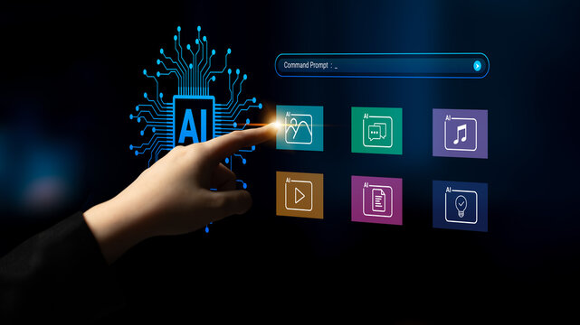 A hand interacts with a digital interface showcasing various icons symbolizing multimedia applications, emphasizing the integration of artificial intelligence in technology. Cyphers
