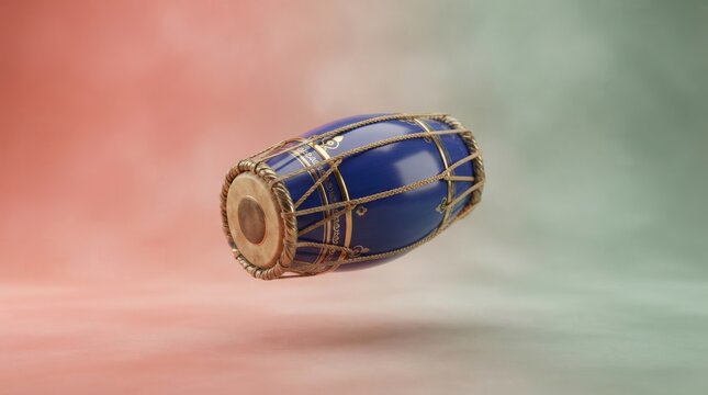 Traditional blue hand drum with brass jingles in 3D render against gradient background