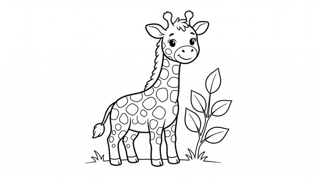 Cute baby giraffe coloring page, cute animal outline illustration for kids coloring book, black and white line art vector