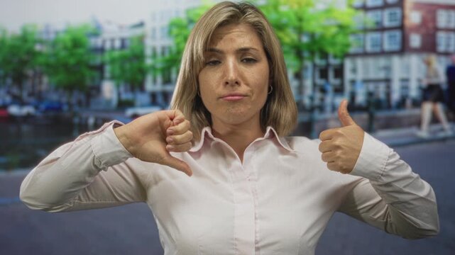 Blonde woman displays thumbs up and thumbs down on an amsterdam street by a canal; uncertainty conflict.