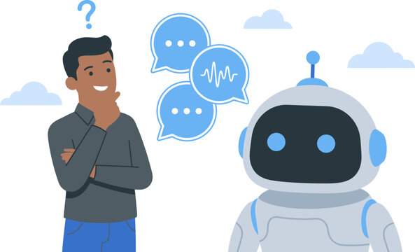 Technology event man talking with robot in digital communication setting
