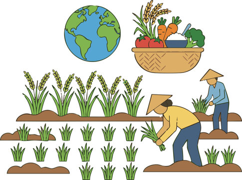 Farmers cultivating rice paddies with global agriculture and fresh produce.