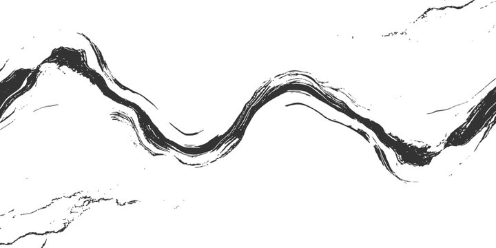 Abstract black and white flowing ink brush stroke background with minimalistic wavy line vector illustration design.
