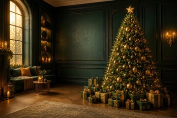 Fototapeta premium Elegant Christmas tree glowing within a luxurious dark interior