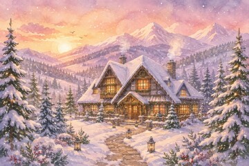 Obraz premium Snowy alpine cottage beneath glowing sunset mountain peaks
