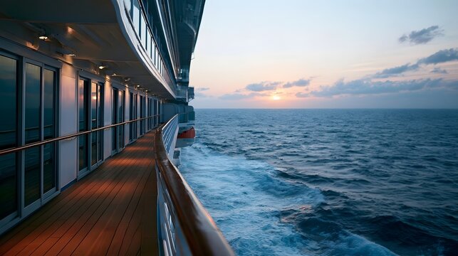 Sunset view from cruise ship deck with wooden railing and ocean waves at dusk  calm horizon with soft pastel sky