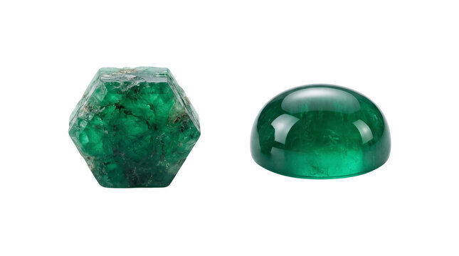 Natural emerald gemstone set, polished green cabochon and rough raw emerald crystal, precious jewel minerals for jewelry design isolated PNG with Transparent Background