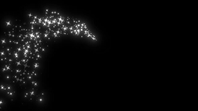 Magical glitter trail line animation, Luxury white glitter sparkles line trail, glitter line stars, pixie dust path, fairy dust wand glitter stars trail transition on black screen. 4k loop