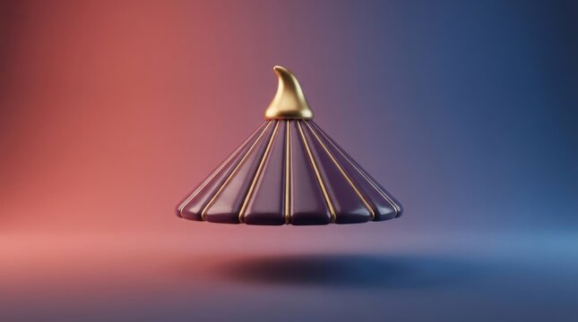 3D render of a purple conical shaped object with gold metallic trim isolated on a gradient background for design