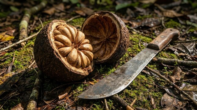 Forest nut split open on moss beside a harvest knife