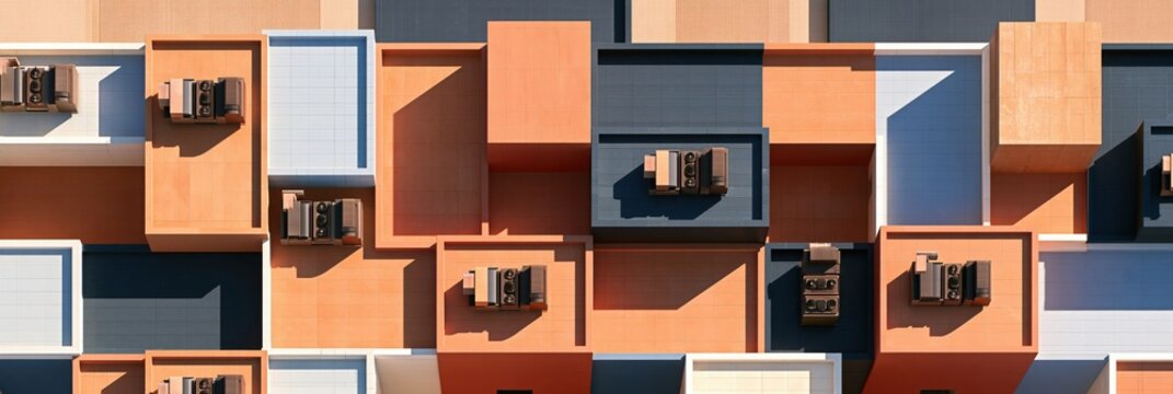Aerial view of geometric rooftop structures with air conditioning units and colorful tiles