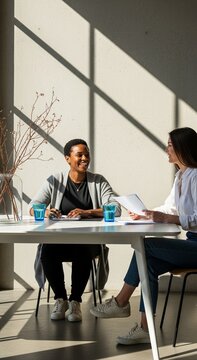 Professional Business Meeting with diverse women discussing documents at a white table under dramatic window shadows, perfect for corporate recruitment and HR consulting. Vertical. Portrait.