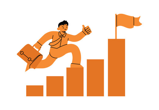 Businessman Running Up Bar Chart Towards Flag Representing Career Growth and Success character vector illustration design.