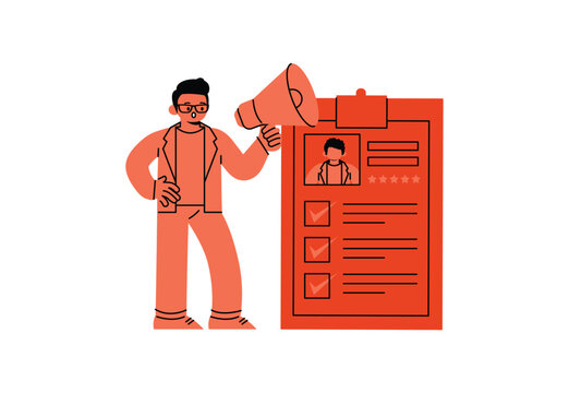 Man Holding Megaphone Beside Profile Resume Clipboard for Hiring Recruitment Concept character vector illustration design.