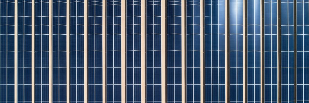 Rows of solar panels in abstract pattern with blue cells and beige frames