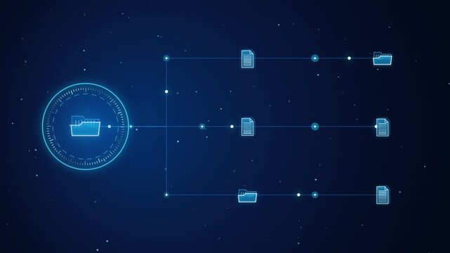 Digital data flow schematic showing a central folder connecting to multiple document icons and other folders via lines and nodes in a dark blue digital space