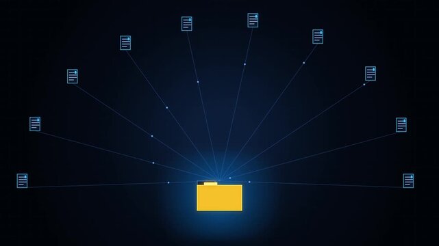 Digital data organization and retrieval concept visualized with a central yellow folder and radiating document icons connected by blue lines