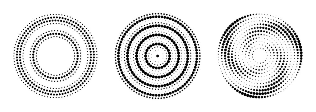 Set of three circular halftone patterns with varying dot sizes isolated on transparent background
