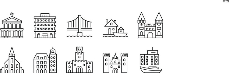 Fototapeta premium Minimalist black outline architectural landmarks and buildings icons set, isolated city skyline historical castle bridge and hotel vector elements pack [local]