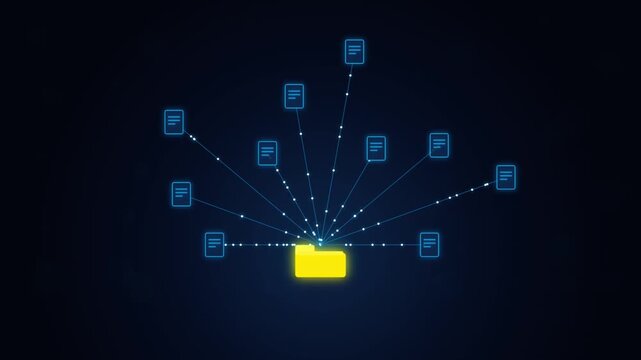 Digital network connection graphic representing data sharing and organization emanating from a central illuminated folder icon to multiple document icons