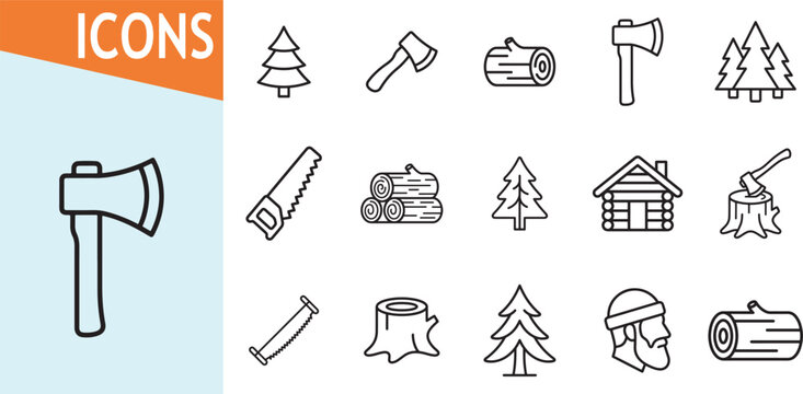 Woodcutting icons for lumberjack and forest themes