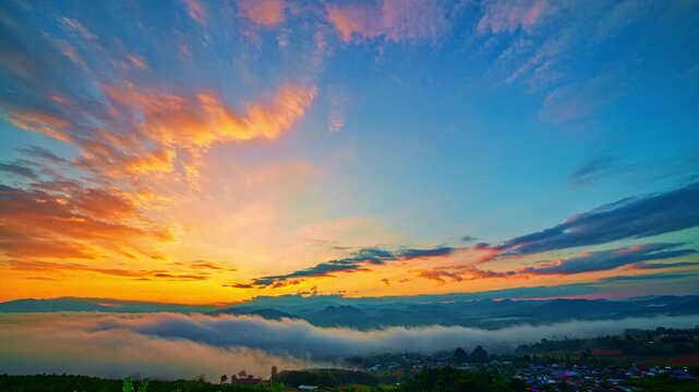 Time lapse Tranquil Morning in the Highlands at YunLai viewpoint Baan Santichon. Scenic panoramic view of fog covered valleys and rolling hills beneath a vibrant blue sky during early morning sunrise