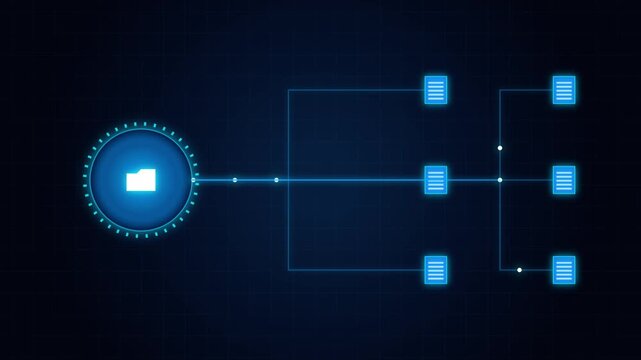 Digital schematic representation of data flow from a central file icon through a network of interconnected documents on a futuristic blue grid