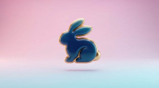 3D render of a blue glossy rabbit icon with golden edges isolated on a soft pastel gradient background for design