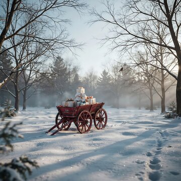 Rustic red wagon with wrapped gifts snowy meadow high resolution picture