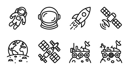 Fototapeta premium Space exploration icons set with astronaut, helmet, rocket, satellite, Earth and rover for science and travel
