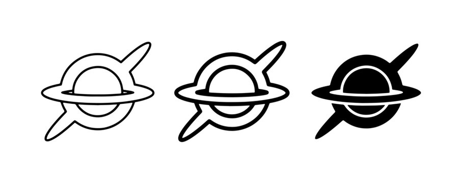 Black hole icons set with gravitational pull and space exploration, science and technology