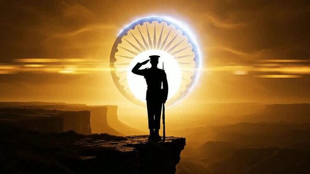 Indian soldier saluting silhouette with ashoka chakra and glowing sunset background, for independence day, and republic day