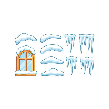 Winter snow caps and icicles set with a wooden window frame for