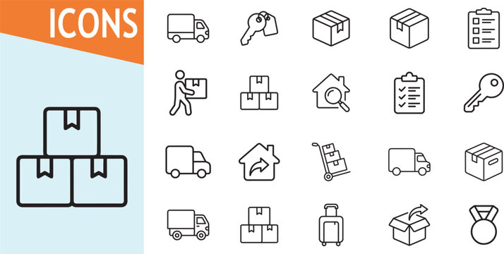 Delivery and shipping icons with boxes and trucks