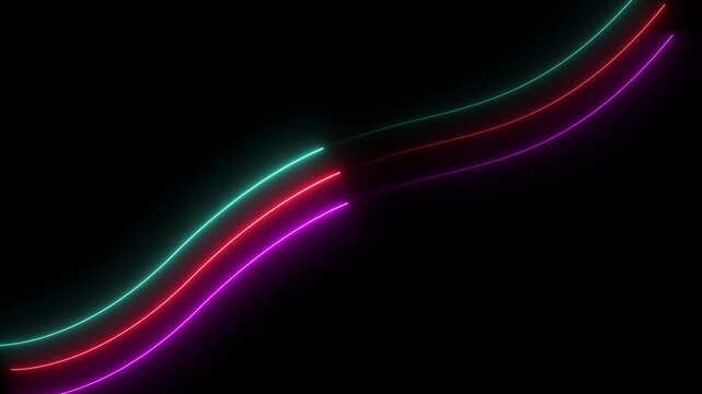 Colorful three zigzag neon line on black background.4k animation video. 