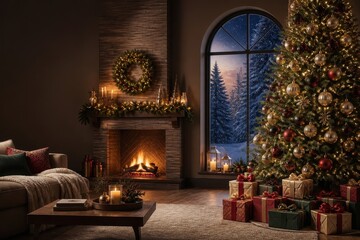 Obraz premium Cozy Christmas living room with fireplace tree gifts snowy view